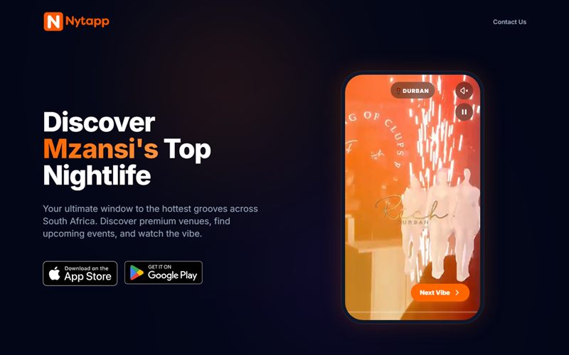 Nytapp website showing the nightlife discovery app on a phone